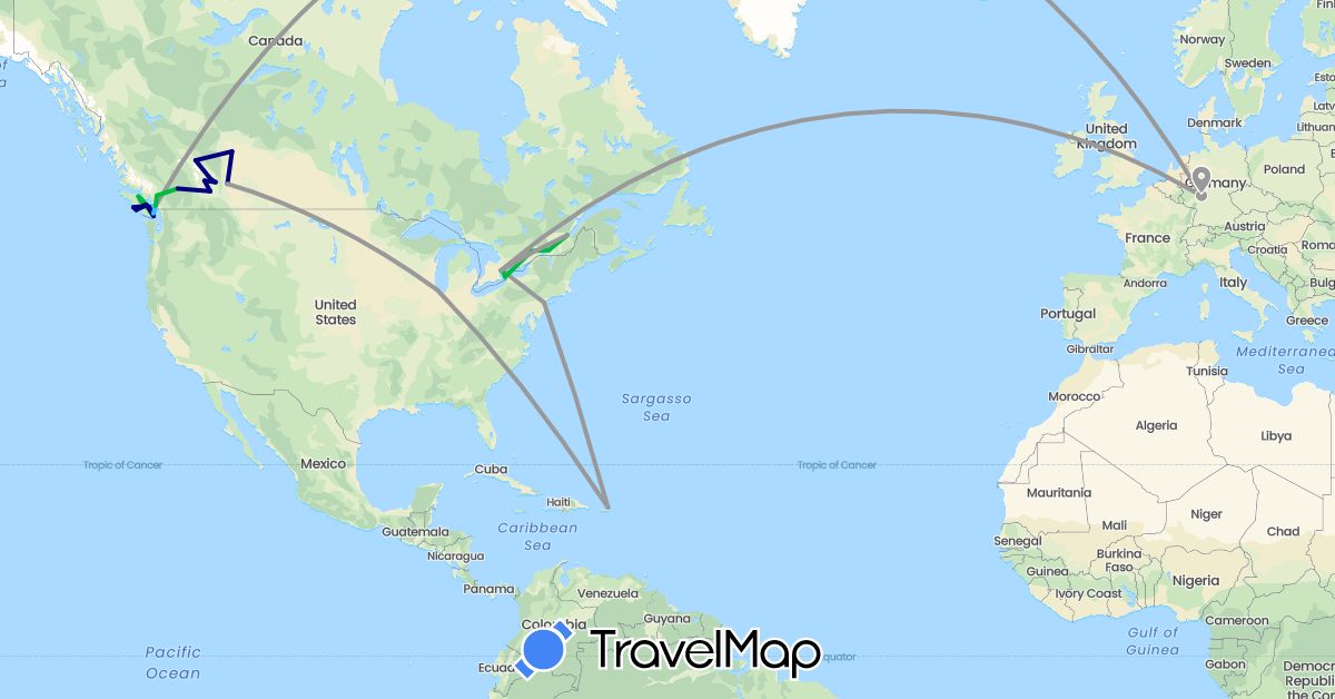 TravelMap itinerary: driving, bus, plane, boat in Canada, Germany, Puerto Rico, United States (Europe, North America)